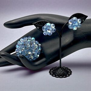 Dazzling Vintage Blue Crystal Aurora Borealis Cluster Brooch and Clip Earrings